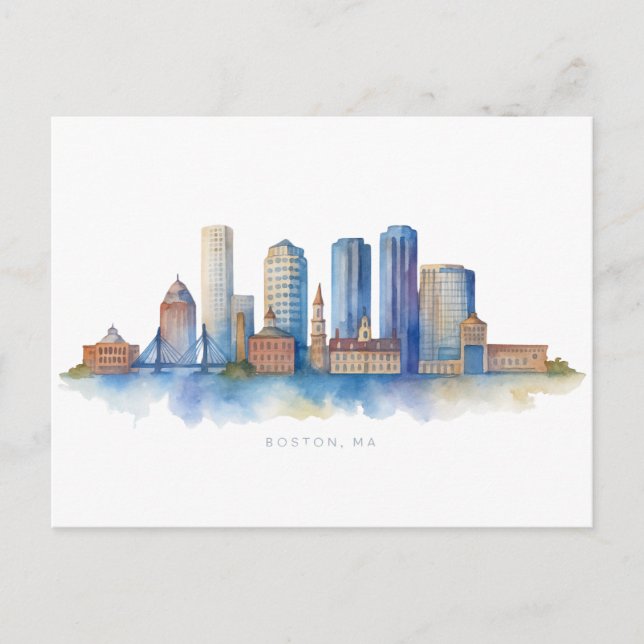Boston City Skyline Watercolor | Modern Boston MA  Postcard (Front)