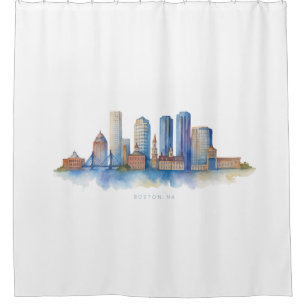 Boston City Skyline Watercolor Modern Boston MA Shower Curtain