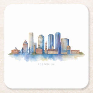 Boston City Skyline Watercolor   Modern Boston MA  Square Paper Coaster
