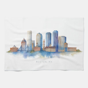 Boston City Skyline Watercolor Modern Boston MA Tea Towel