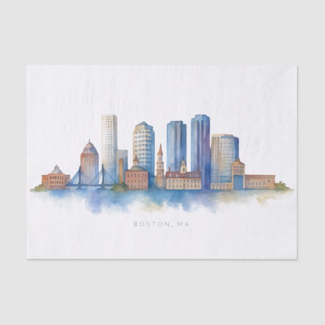 Boston City Skyline Watercolor | Modern Boston MA  Tissue Paper (Front)
