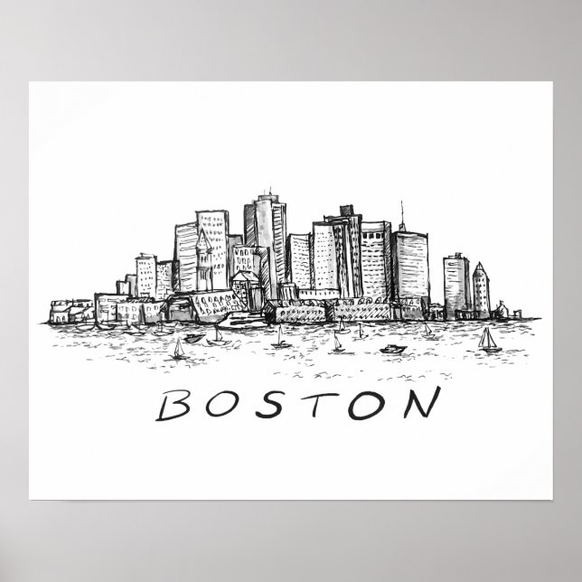 Boston Cityscape Ink Drawing Poster (Front)