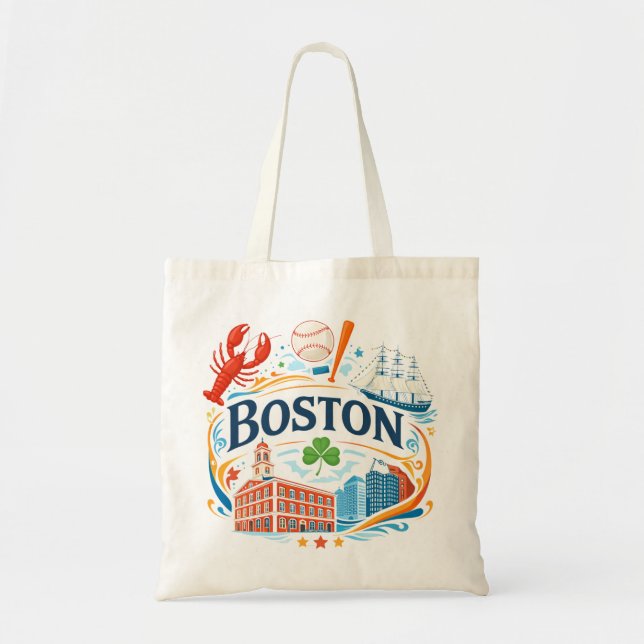 Boston Coastal Travel Illustration Tote Bag (Front)