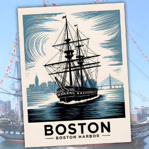 Boston Harbor New England Retro Coastal Nautical Postcard