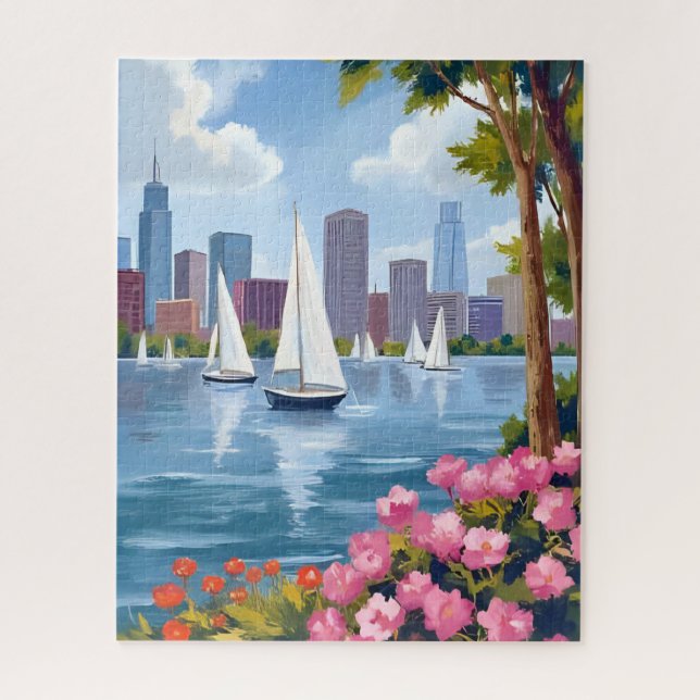 Boston Harbor Spring | Boat Bay City Skyline Jigsaw Puzzle (Vertical)