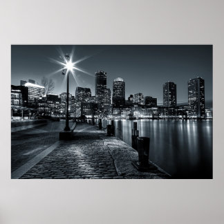 Boston Harbour B&W Night Poster