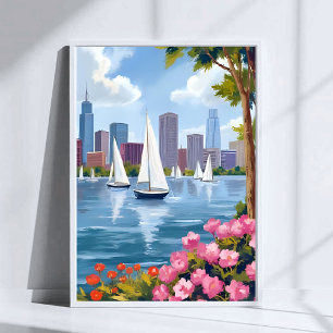 Boston Harbour Spring   Boat Bay City Skyline Poster