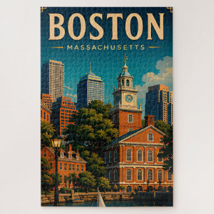 Boston Historic Waterfront and Skyline Retro Jigsaw Puzzle