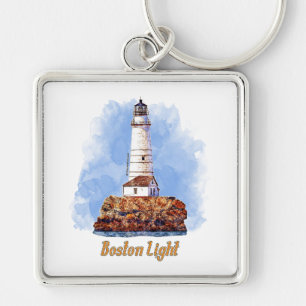 Boston Light Lighthouse Watercolor - Massachusetts Key Ring