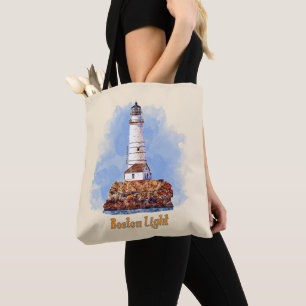Boston Light Lighthouse Watercolor - Massachusetts Tote Bag