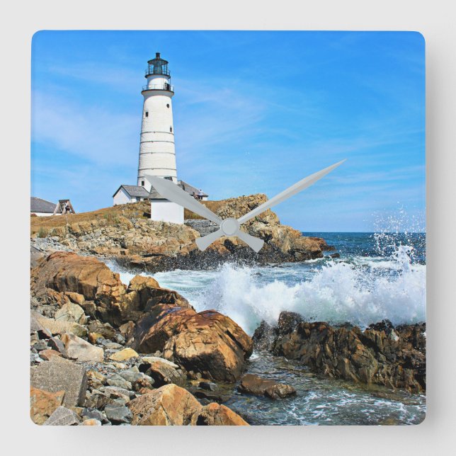 Boston Lighthouse, Massachusetts Square Wall Clock (Front)