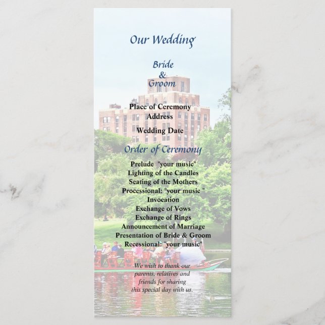 Boston MA Boston Public Garden Wedding Program (Front)