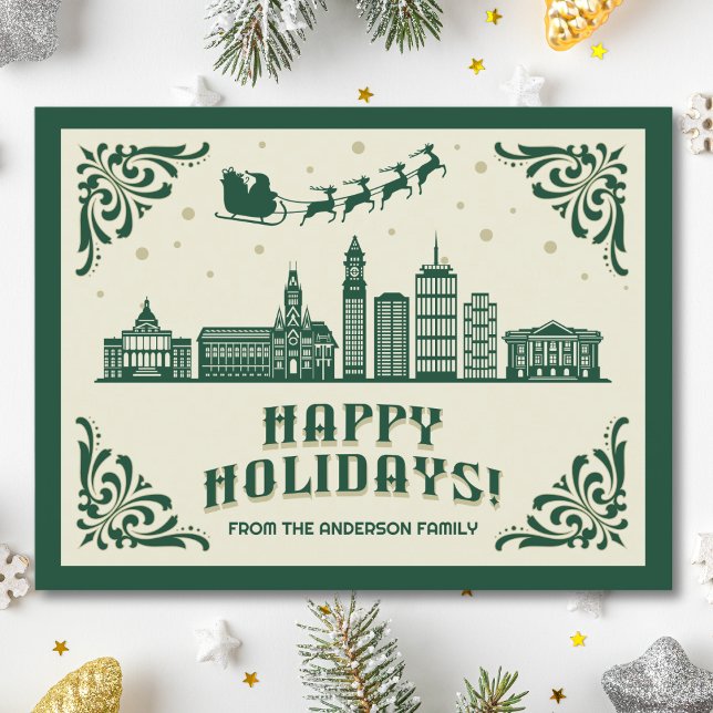 Boston, MA Skyline Happy Holidays Postcard (Happy Holidays Boston, MA skyline cityscape christmas postcard customizable real estate Santa )