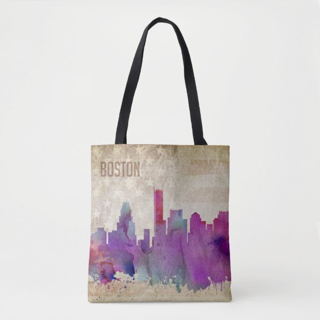 Boston, MA | Watercolor City Skyline Tote Bag (Front)