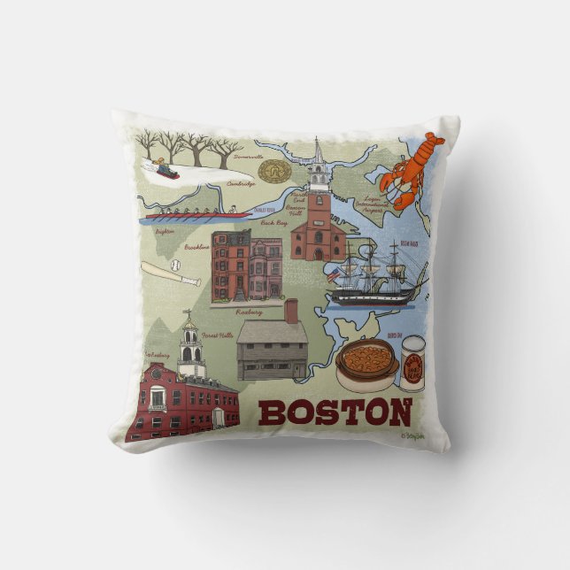 Boston Map Creative Illustration Throw Pillow (Front)