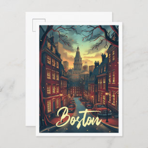 Boston massachuset Vintage Art Travel Illustration Postcard
