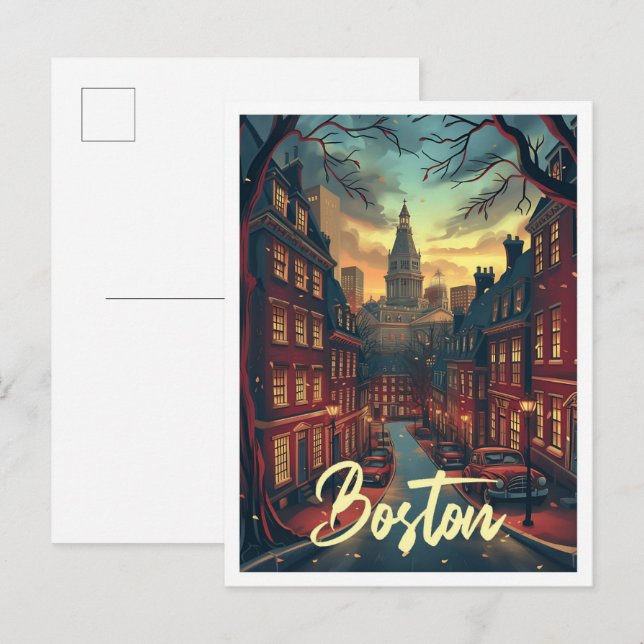 Boston massachuset Vintage Art Travel Illustration Postcard (Front/Back)