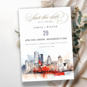 Boston Massachusetts City Scape Watercolor Wedding Save The Date