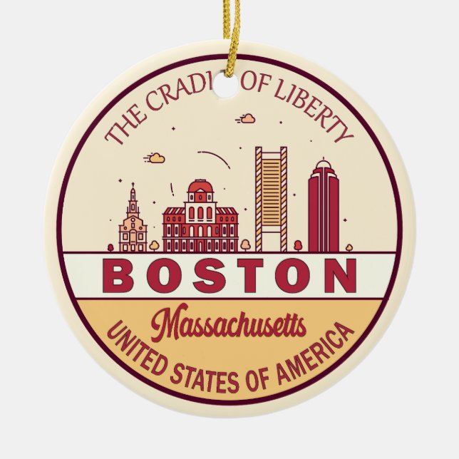 Boston Massachusetts City Skyline Emblem Ceramic Ornament (Front)