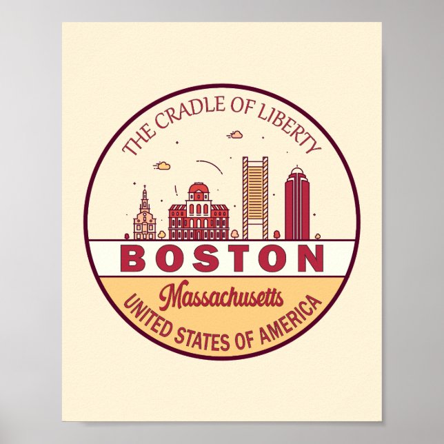 Boston Massachusetts City Skyline Emblem Poster (Front)