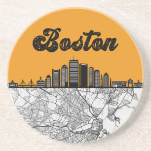 Boston Massachusetts City Skyline With Map Coaster