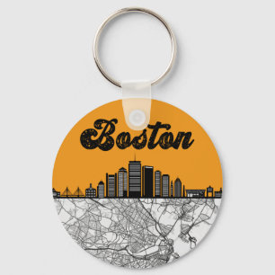 Boston Massachusetts City Skyline With Map Key Ring
