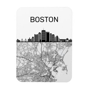 Boston Massachusetts City Skyline With Map Magnet