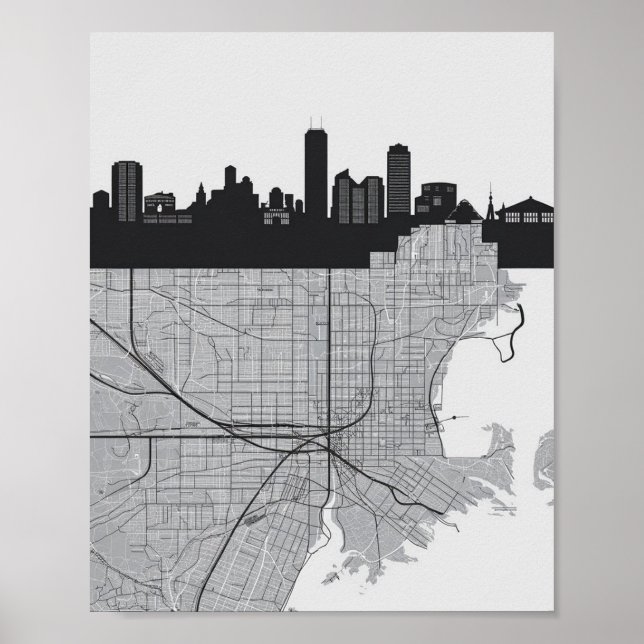 Boston Massachusetts City Skyline With Map Poster (Front)