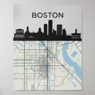 Boston Massachusetts City Skyline With Map Poster