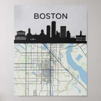 Boston Massachusetts City Skyline With Map Poster