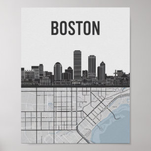 Boston Massachusetts City Skyline With Map Poster