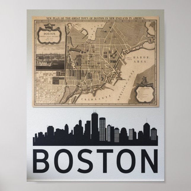Boston Massachusetts City Skyline With Map Poster (Front)