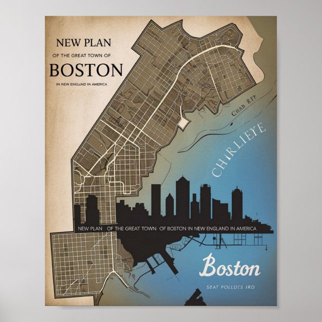 Boston Massachusetts City Skyline With Vintage Map Poster (Front)