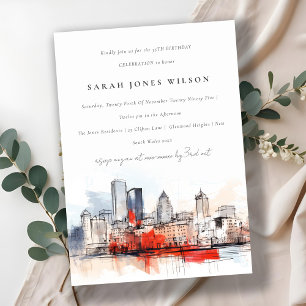 Boston Massachusetts Cityscape Watercolor Birthday Invitation