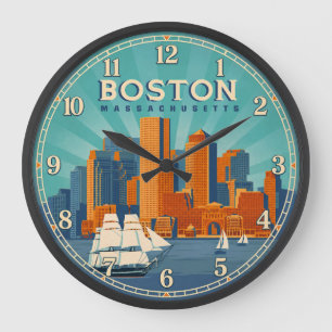 Boston Massachusetts Harbor Skyline Large Clock