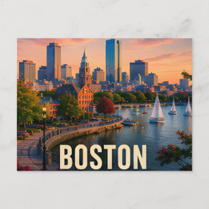 Boston Massachusetts Harbour Sunset City Views Postcard