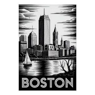 Boston Massachusetts Skyline Black White Woodcut Poster