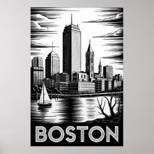 Boston Massachusetts Skyline Black White Woodcut Poster