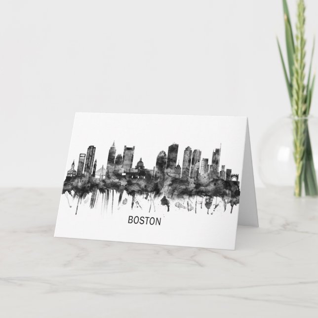 Boston Massachusetts Skyline BW Holiday Card (Front)