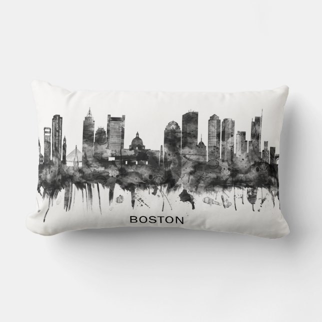 Boston Massachusetts Skyline BW Lumbar Cushion (Front)
