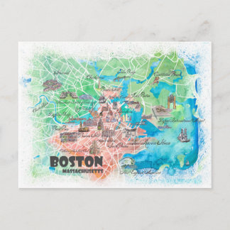 Boston Massachusetts USA Illustrated Map &  roads Postcard