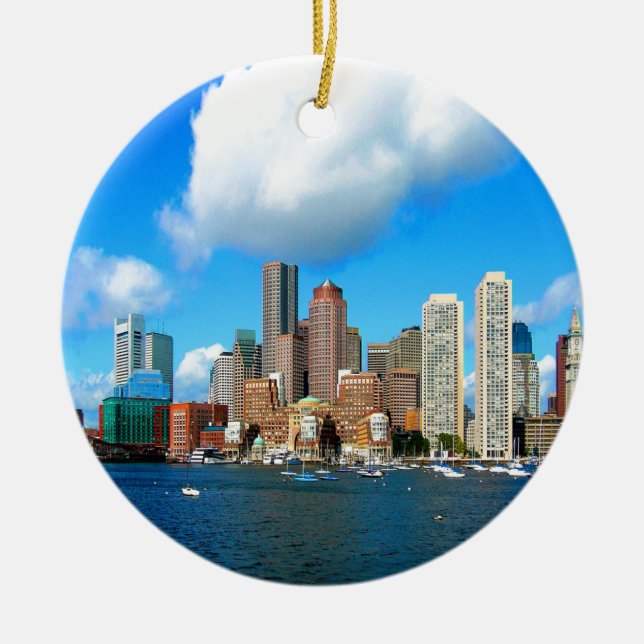 boston Massachusetts water and skyline Ceramic Tree Decoration (Front)