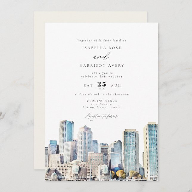 BOSTON Massachusetts Watercolor Skyline Wedding In Invitation (Front/Back)