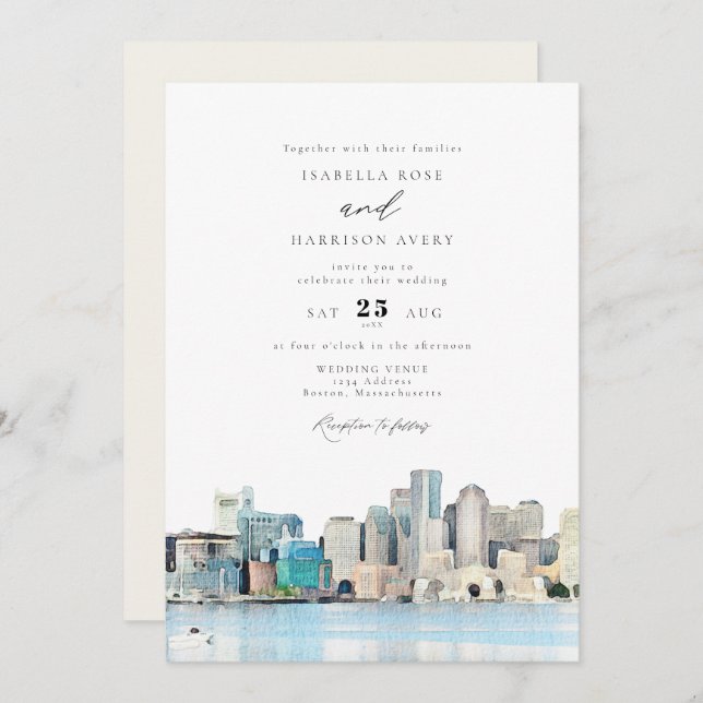 BOSTON Massachusetts Watercolor Skyline Wedding Invitation (Front/Back)