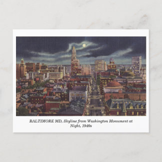 Boston MD Skyline at Night 1940s vintage postcard
