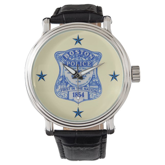 Boston Police Custom Black Vintage Leather Watch (Front)