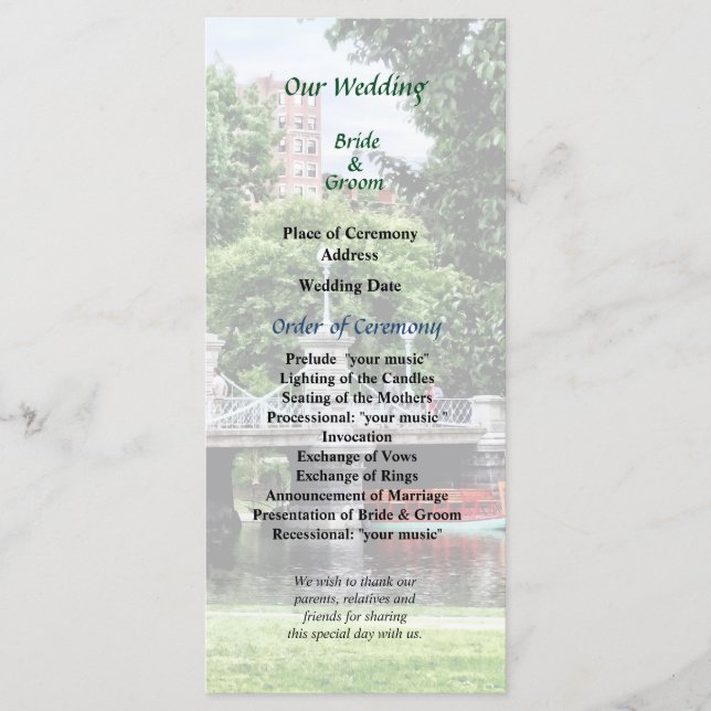 Boston Public Garden Bridge Wedding Program (Front)