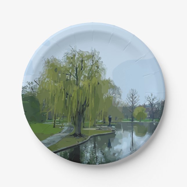 Boston Public Garden Massachusetts Painting Paper Plate (Front)
