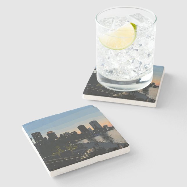 Boston Seaport Sunset City Skyline Stone Coaster (Side)