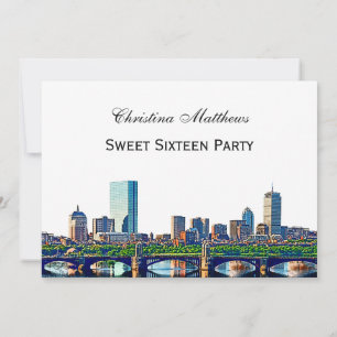 Boston Skyline #2Col Sweet 16 Party Invitation